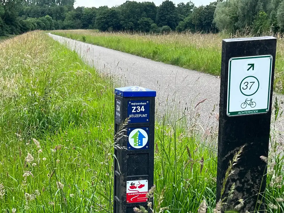Fietsknooppunten: knooppuntbord met nummers langs een Nederlands fietspad